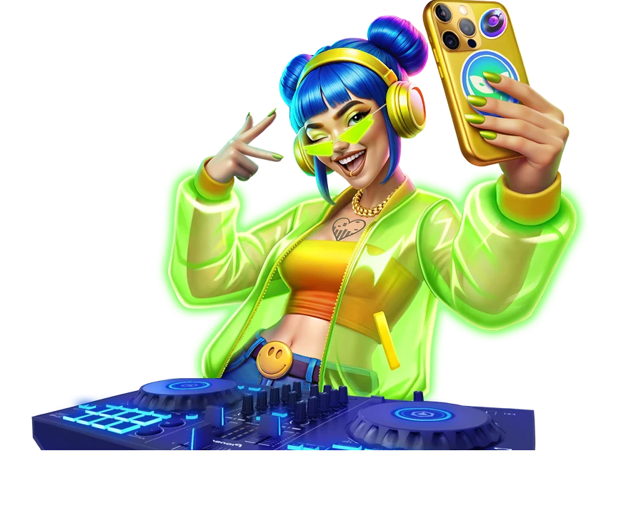 Slotrave DJ in einer neongrünen Jacke an ihrem Mischpult