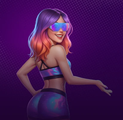 Slotrave DJ mit violetter Sonnenbrille vor einem lila Hintergrund