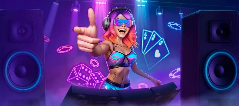 Slotrave DJ mit Kopfhörern vor violetten Neonlichtern